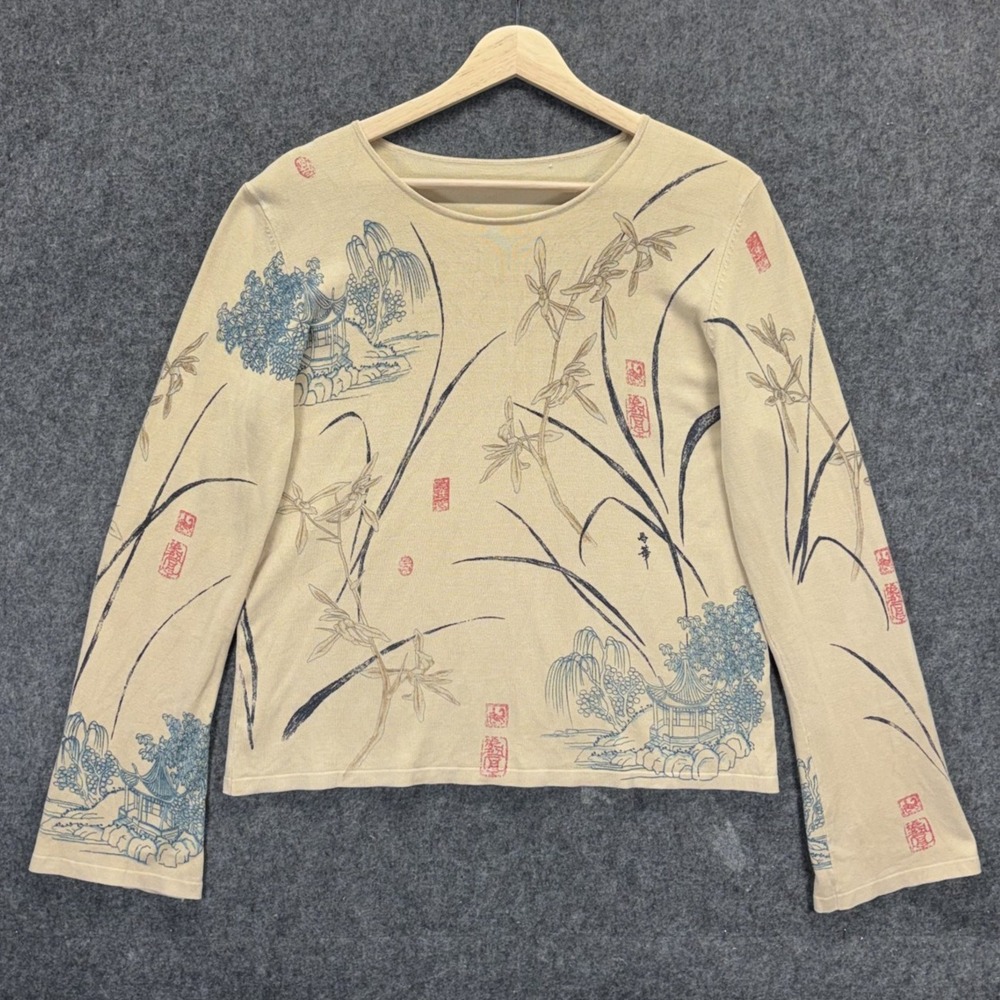 Vintage Y2K Long Sleeve Japanese Block Print Shirt Womens 20x23 Floral Pagoda